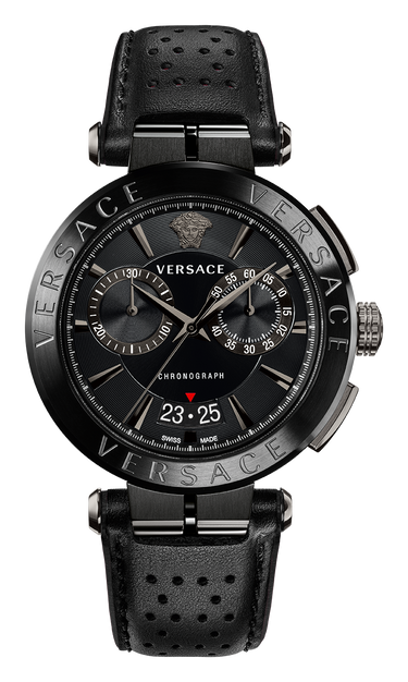 Versace Aion Chronograph Herrenuhr Schwarz Leder Schwarz Stahl 45mm